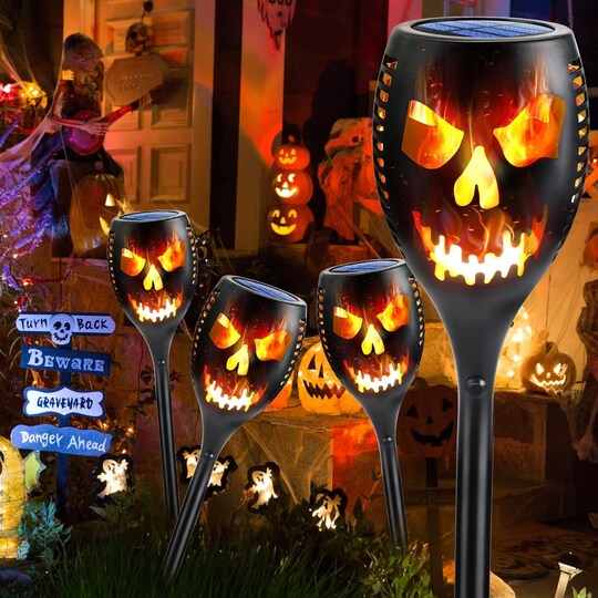 Loomini; Solar Halloween Lights Outdoor, 4 Packs Super Larger Size Solar Torch Light with Flickering Flame, Waterproof LED Flame Lights for outside Garden Yard Patio Pathway Halloween Decoratrions; Category:Lighted Decor; Image:1